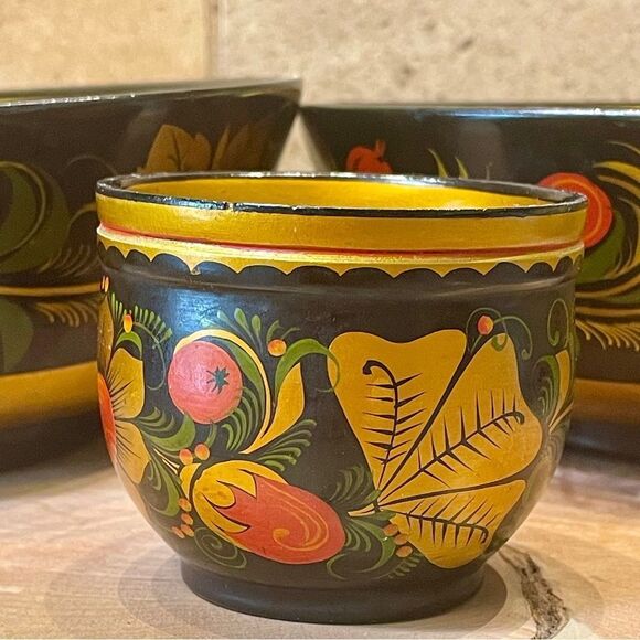 Russian Khokhloma Hand Painted Vintage Wooden Folk Art Bowl Set - Picture 10 of 16